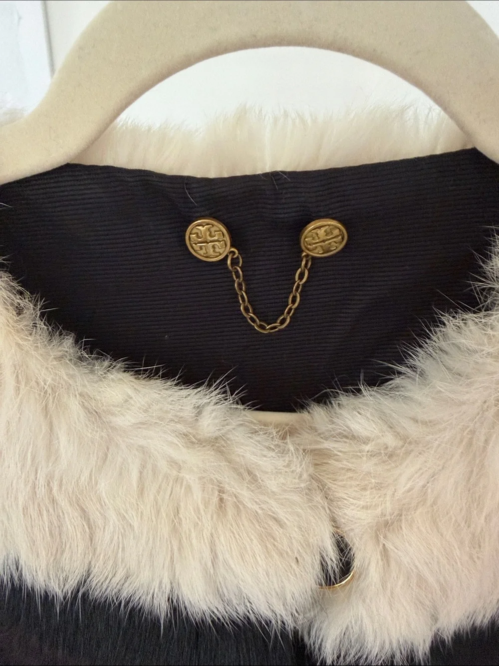Tory Burch Women's Black and Cream Striped Rabbit Fur Coat
